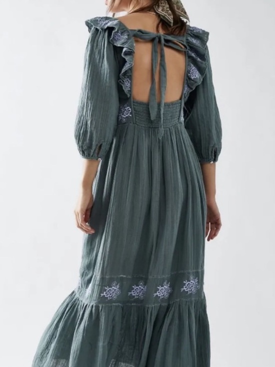 Free People Dresses & Skirts - Free People Open-Back Ruffle Midi Dress in Sage Green with Blue Embroidery XS